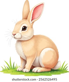 Vector image of a cute rabbit on the grass on a white background.