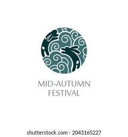 Vector image with cute Rabbits or Hares, moon. Mid Autumn Festival design for greeting cards, posters, holiday covers, packaging, stickers, Chuseok 