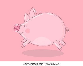 Vector image of a cute running pig on a pink background. Illustration for New Year, Christmas, prints, invitations, flyers, cards, children, clothes, decor, interior