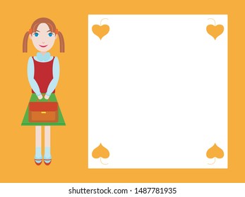 Vector image with a cute schoolgirl in a uniform, holding a bag in her hands, with orange background and white space for text with stylized autumn leaves.