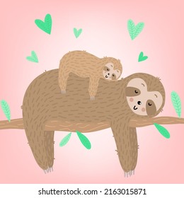 Vector image of a cute sloth with baby and hearts on the branch. Hand-drawn cartoon illustration for children, tropical summer, holiday, card, banner, print, mother's day, mom, poster, love hugs