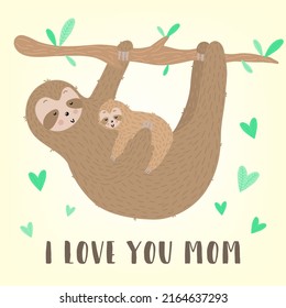 Vector image of a cute sloth with baby and hearts on the branch. Hand-drawn cartoon illustration for child, tropical summer, holiday, card, banner, print, mother's day, mom, poster, love hugs