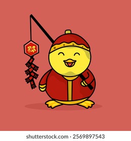 Vector image of cute smiling duck celebrating Chinese New Year and carrying firecracker lantern