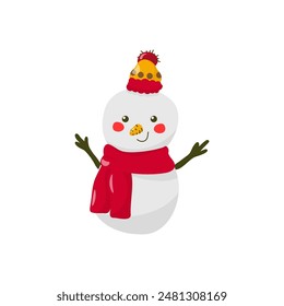 Vector image of a cute snowman in a hat and scarf. In cartoon style.