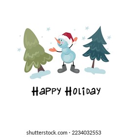 Vector image of a cute snowman in winter. Image of Christmas trees. Use on bed linen, baby clothes, tablecloth, fabric