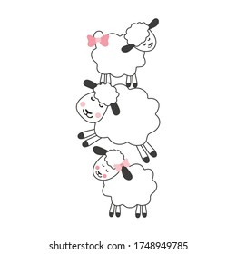 Vector image of a cute tender funny little sheep. Smiling lambs with a bow on the ear. Illustration for printing on children's clothes, textiles, paper.