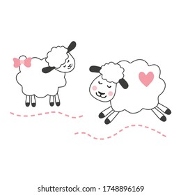 Vector image of a cute tender sheep. Smiling lambs with a bow on the ear. Illustration for printing on children's clothes, textiles, paper.