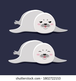 Vector image of a cute white seal. Two images with different emotions. Happy and serious.