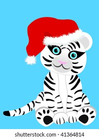 Vector image of a cute white tiger in Christmas hat