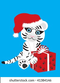  	Vector image of a cute white tiger in Christmas hat