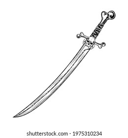 Vector image of a cutlass. Pirate's curved sword. Corsair's blade. The weapon of the warrior of the seas. The drawing for design. Black tattoo. Vector illustration.
