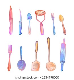 Vector image. Cutlery set. Bright color sketch, kitchen utensils. Imitation of watercolor stains.