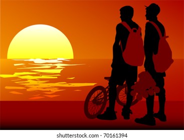 Vector image of cyclists at sunset