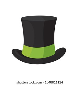 Vector image of a cylinder hat with a green ribbon on a white background. Accessory magician. Hat for magic tricks.