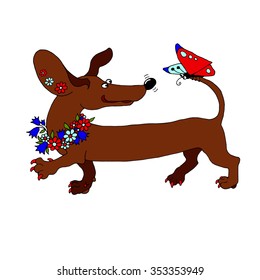 vector image dachshund with a wreath of flowers, which looks at a butterfly in the summer on a white background.