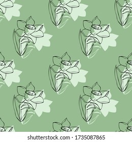 Vector image of a daffodil.Flower on a white and colored background.Seamless pattern.
