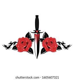 Vector image of a dagger with red roses. Image on a white background.