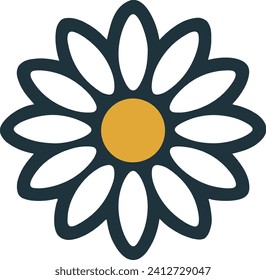 Vector image of a daisy with twelve white petals and a yellow center. The icon is simple and minimalistic, with no background or details. The image can be used to represent nature, spring or flowers.