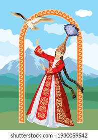 Vector image of a dancing girl in a Kazakh national costume