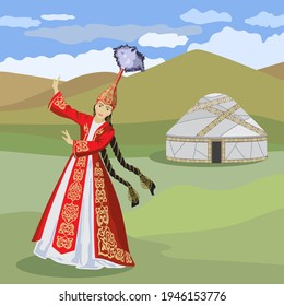 Vector image of a dancing girl in a Kazakh national costume on the background of mountains and a yurt