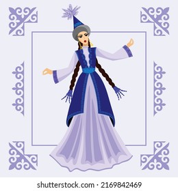 Vector image of a dancing girl in a Kazakh national costume on the background of an ornament