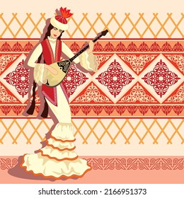 Vector image of a dancing girl playing a musical instrument - dombra, in a Kazakh national costume with ornaments on the background of a yurt 