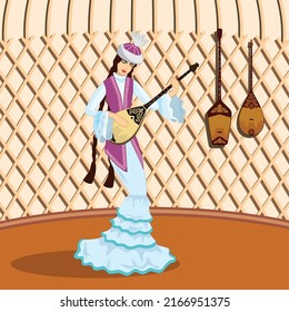 Vector image of a dancing girl playing a musical instrument - dombra, in a Kazakh national costume with ornaments on the background of a yurt 