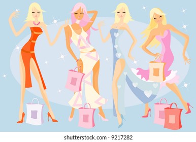 vector image of dancing girls after shopping