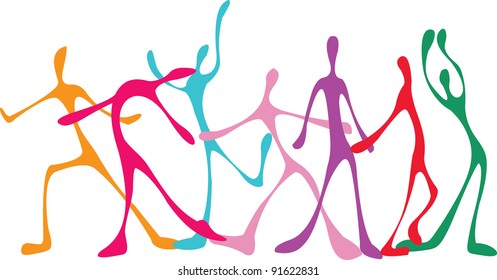 vector image of dancing people on discotheque, isolated on white, good use like background