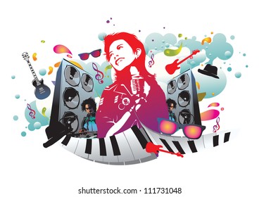 Vector image of dancing and singing women