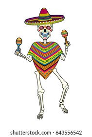 Vector image of a dancing skeleton for the Mexican day of the Dead , dressed in the hat a sombrero and poncho