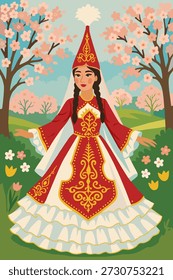 Vector Imagen de una joven bailarina con un traje nacional kazajo contra el fondo de una estepa y un paisaje montañoso