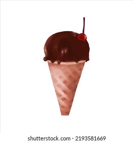 Vector image of dark chocolate ice cream with cherry.Isolated object.