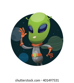 Vector image of a dark space round frame with planets. Frame with funny green alien in the center in gray-orange spacesuit waving his right hand.