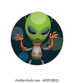 Vector image of a dark space round frame with planets, with cartoon image of funny green alien in gray-orange spacesuit frightening someone in the center on a white background. Vector illustration.