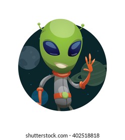 Vector image of a dark space round frame with planets, with cartoon image of funny green alien in gray-orange spacesuit waving his left hand in the center on a white background. Vector illustration.