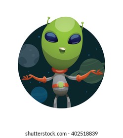 Vector image of a dark space round frame with planets, with cartoon image of funny green alien in gray-orange spacesuit smiling and soaring in the center on a white background. Vector illustration.