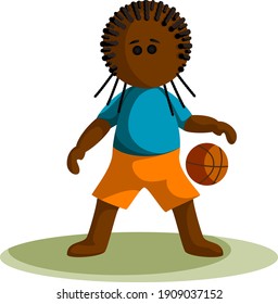 Imagen vectorial de un niño de piel oscura con un baloncesto. Estilo de caricatura. EPS 10