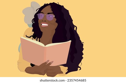 Vector image of a dark-skinned female student who lies on the bed, on the floor, in the apartment, studies or reads a book, novel, short story. Concept for universities, studies and courses.
