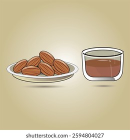 vector image of dates and a glass of tea for breaking the fast