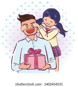 Vector image of Daughter giving a gift to her dad
