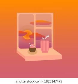 Vector image of a dawn in a  window. Cozy and heart-warming image of a lazy morning at home