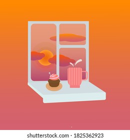 Vector image of a dawn in a window. On a windowsill stands cup of hot beverage and a cake. Heart-warming image of a nice morning at home