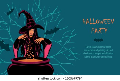 Vector image for the day of halloween. The witch casts a spell over the potion. Halloween party invitation.