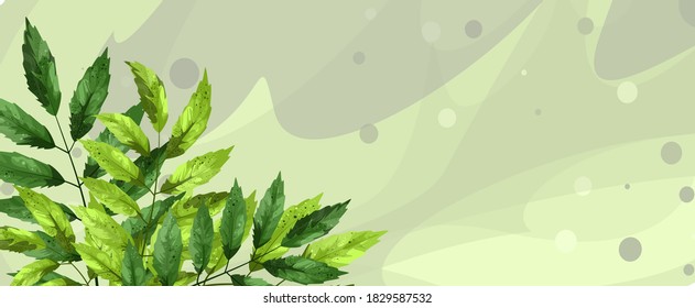 A vector image of a deciduous plant set against a leaf-like pattern with interspersed leaves. Hand-drawn. Cartoon