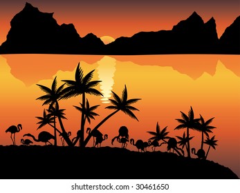 Vector image of decline with flamingo, mountains, ocean and palm trees.