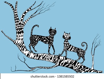 Vector image of the decorative cats on a tree branch