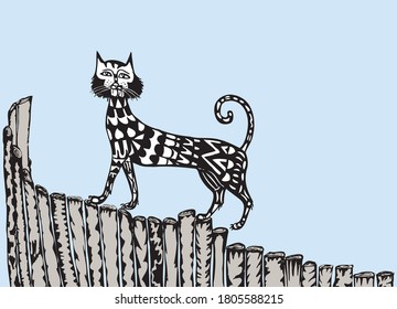 Vector image of decorative domestic cat walking on wooden fence
