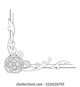 Vector image. Decorative floral elements, corners, borders, frame, crown. Vintage baroque corner scroll ornament engraving. Page decoration.