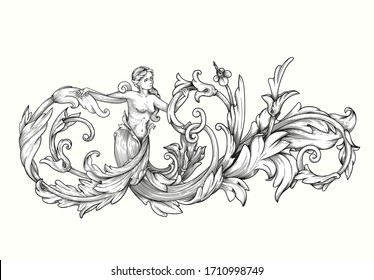 Vector image. Decorative floral elements, corners, borders, frame, crown. Page decoration. Vintage baroque corner scroll ornament engraving. Decorative element with a woman.